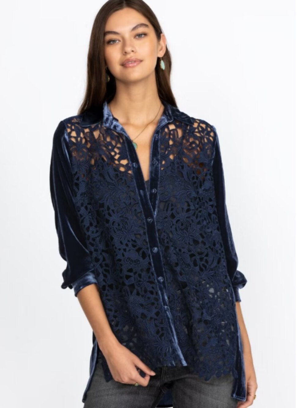 Johnny Was Flicka Sapphire Navy Blue Velvet Lace Button Down Blouse